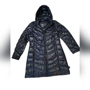 Calvin Klein Hooded Puffer Jacket Navy Blue Quilted Zip Coat Women's Medium